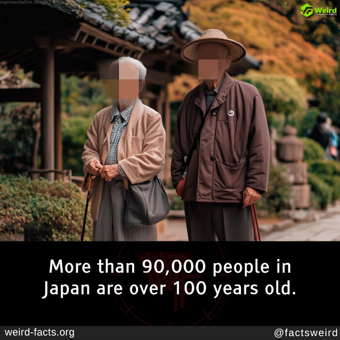 Two elderly people in traditional attire standing in a Japanese garden, illustrating a random fact about centenarians.