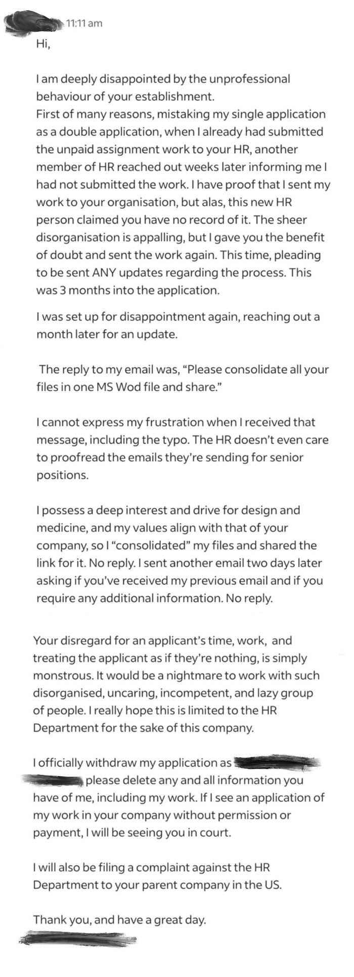Email complaint highlighting unprofessional HR behavior in recruiting, referencing a frustrating application process.