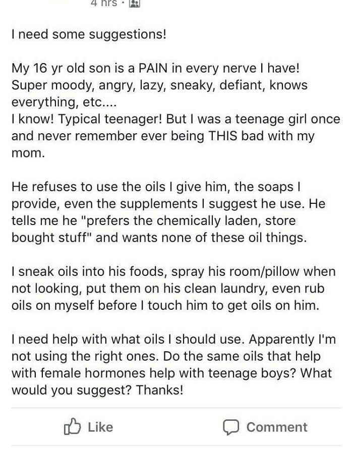Text of a mother sharing her struggles with a defiant teenage son and asking for advice on essential oils.