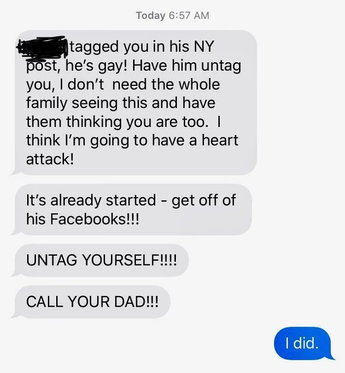 Text message exchange illustrating a toxic mother's reaction to a social media tag.