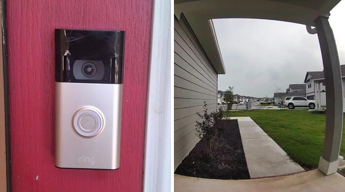 Smart video doorbell mounted on red door with a view of suburban neighborhood from porch on a cloudy day, Amazon finds.