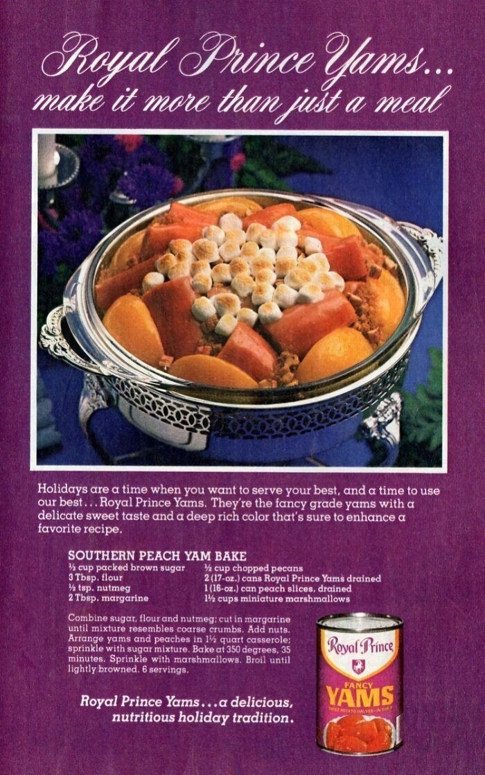 Vintage Thanksgiving ad featuring Royal Prince Yams with a Southern Peach Yam Bake recipe.