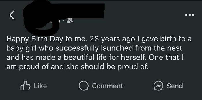 Social media post from a mother celebrating her daughter's success and independence after 28 years.