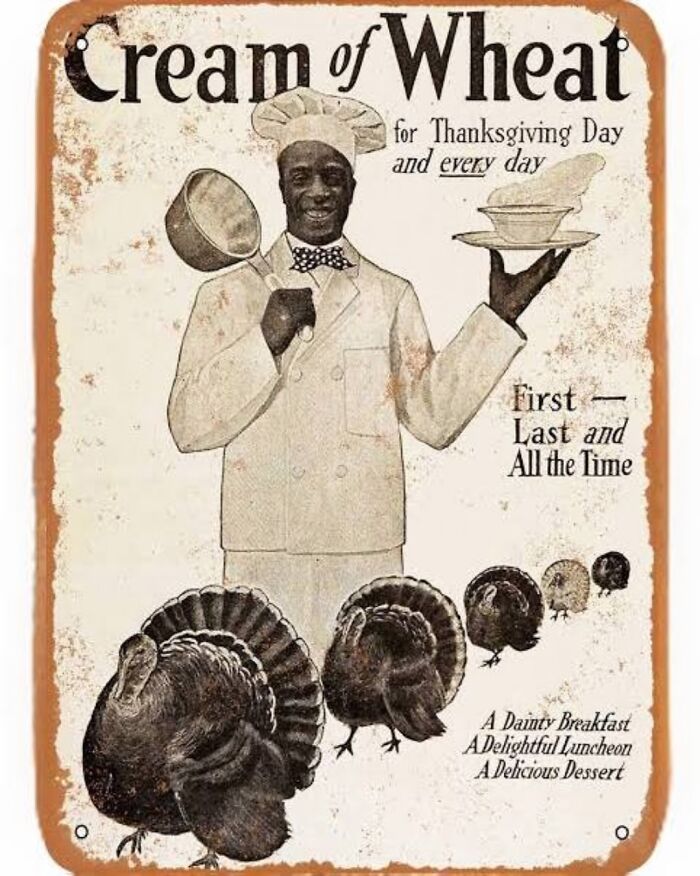 Vintage Thanksgiving ad for Cream of Wheat featuring a chef and turkeys, promoting it as a versatile meal choice.