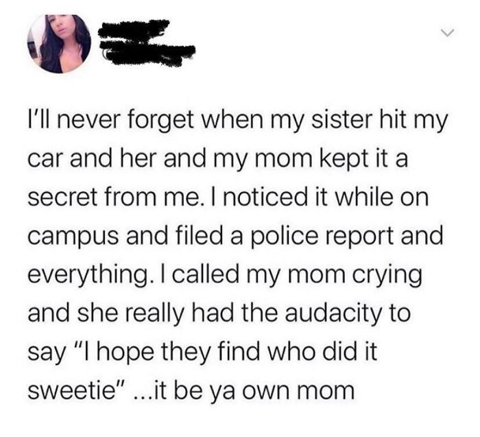 Text message discussing a mother's toxic behavior and covering up a car incident by a sibling.