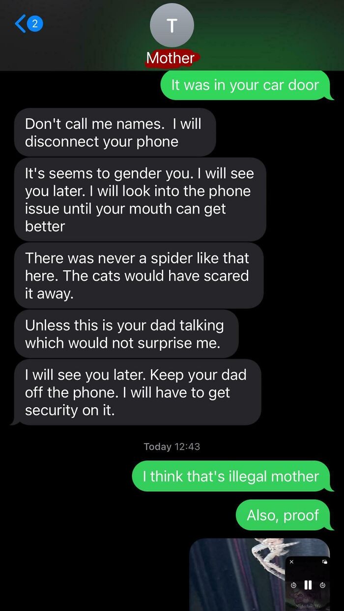 Text conversation with toxic mother, discussing phone disconnection and security, highlighting difficult parenting dynamics.