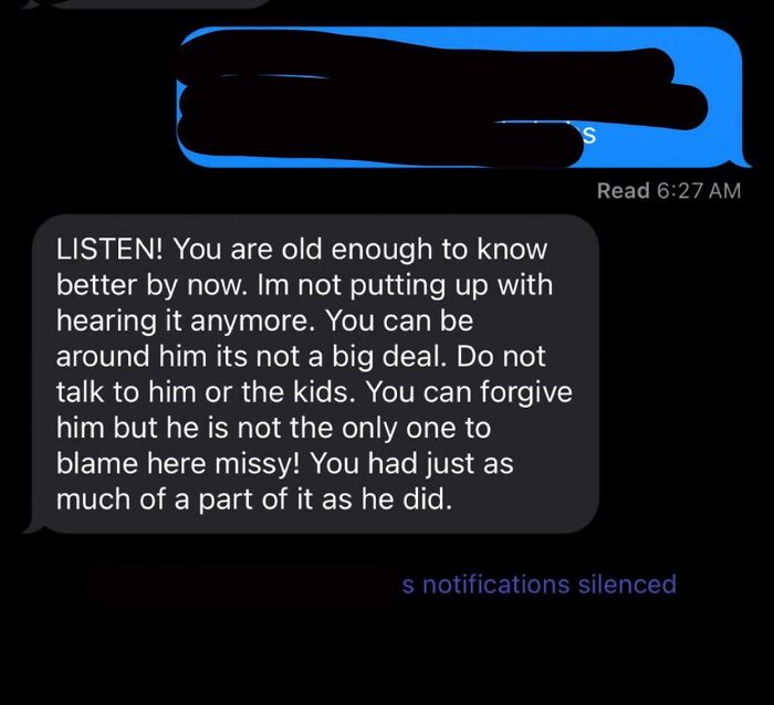 Text message example of toxic mother behavior, discussing blame and forgiveness.