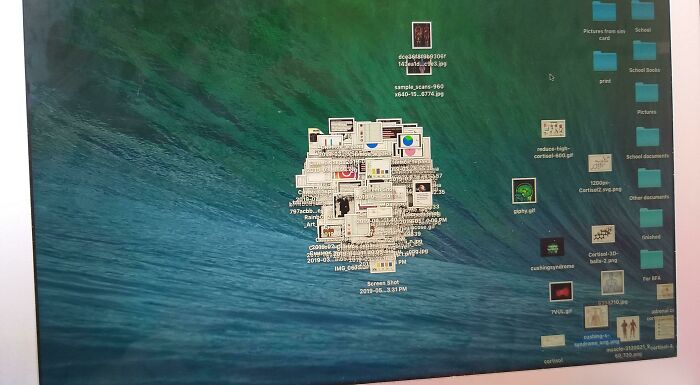 A chaotic computer desktop with clustered icons, representing infuriating organizational habits related to wives or girlfriends.