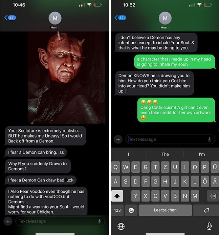 Text conversation revealing a toxic mother warning about demons and daughter's response.