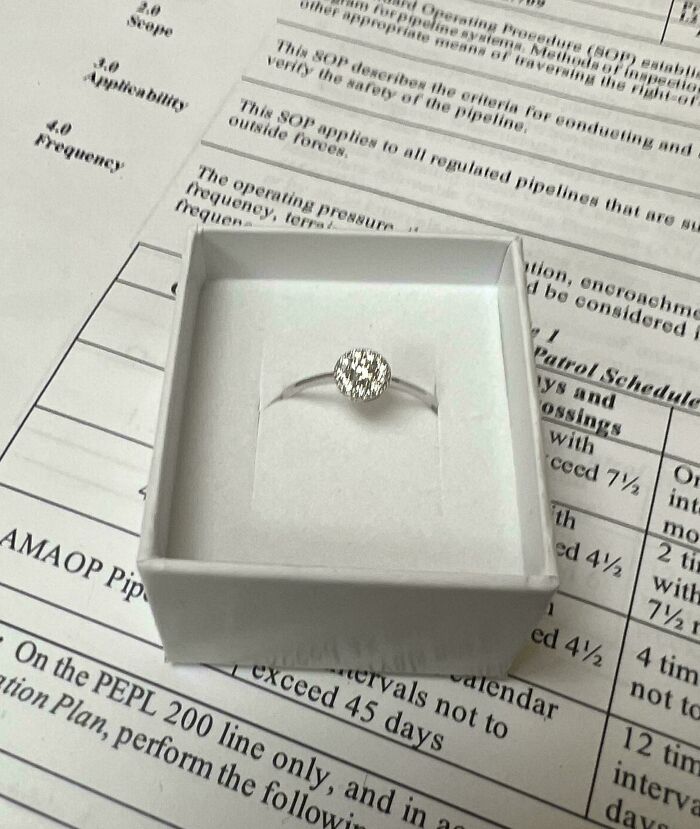 Engagement ring in a box on top of scattered documents, related to infuriating wives and girlfriends.