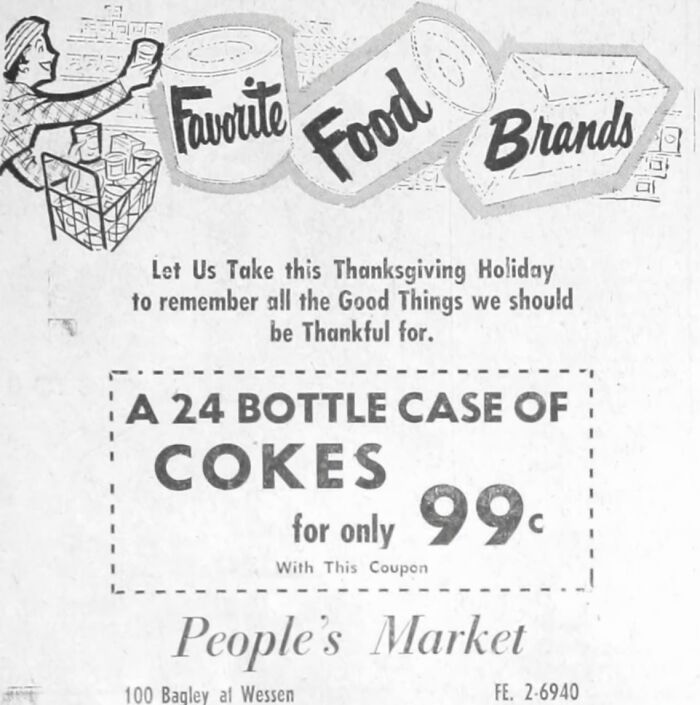 Vintage Thanksgiving ad promoting a 24-bottle case of Cokes for 99 cents at People's Market.