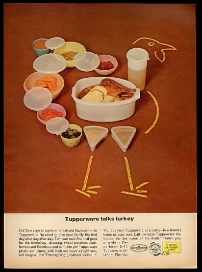 Vintage Thanksgiving Tupperware ad with turkey and side dishes in plastic containers.