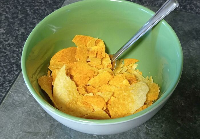 How My Partner Eats Pringles. Shakes The Tub To Crush Them Then Put Them Into A Bowl To Eat With A Spoon
