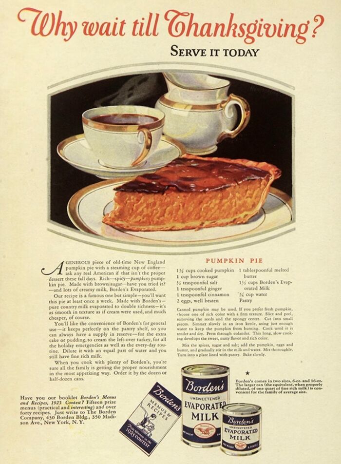 Vintage Thanksgiving ad featuring pumpkin pie with coffee, promoting Borden's Evaporated Milk.