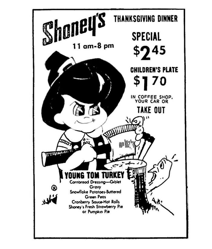 Vintage Thanksgiving ad for Shoney's dinner special featuring cartoon turkey and menu prices.