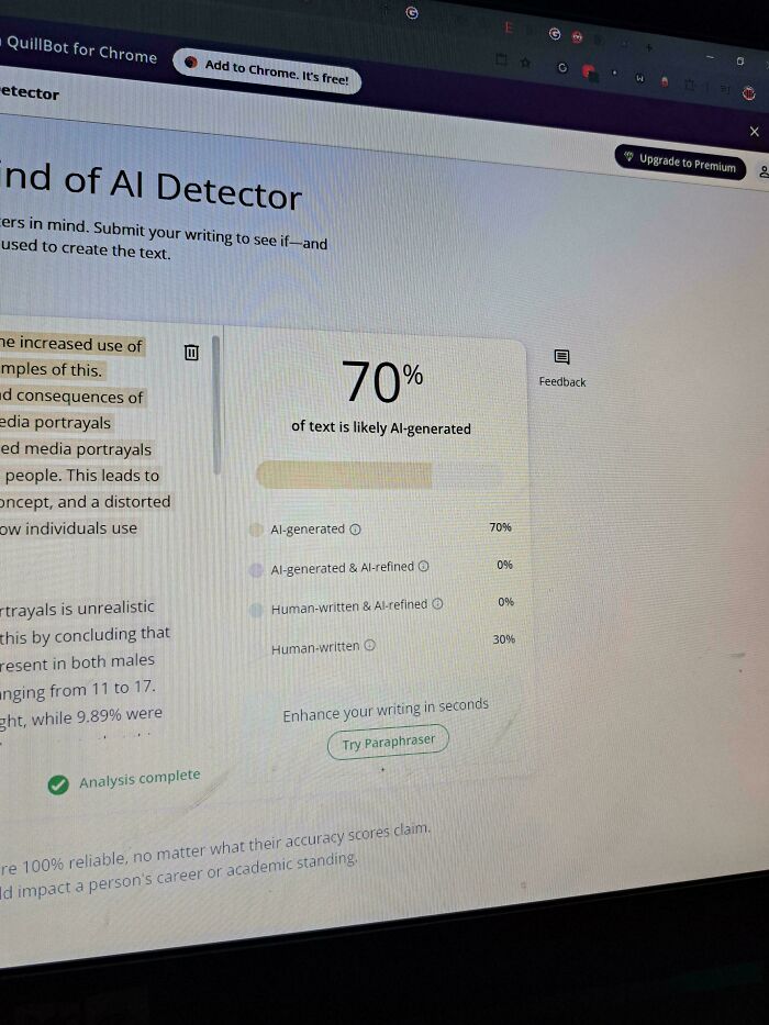 AI detector showing 70% likelihood of AI-generated text, infuriatingly inaccurate results on screen.