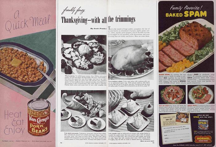 Vintage Thanksgiving ads featuring pork and beans, a turkey dinner, and baked SPAM.
