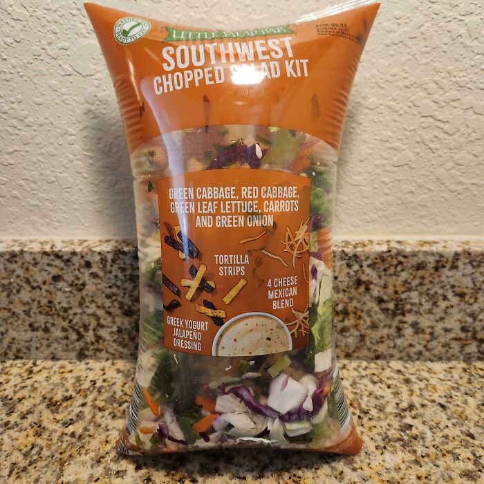 Southwest chopped salad kit on a counter, an example of regretted spending money after months of saving.