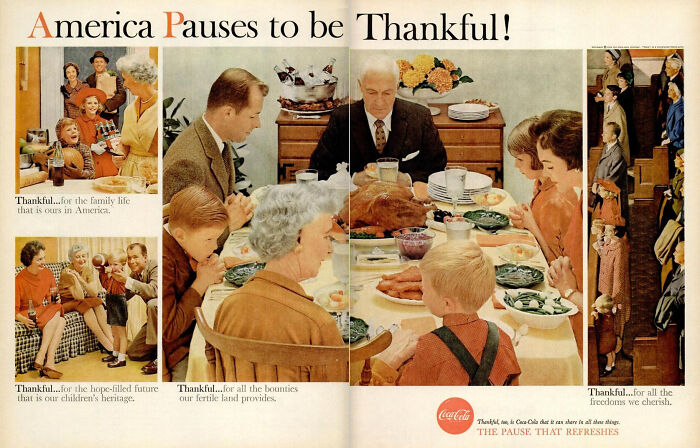 Vintage Thanksgiving ad with a family gathered around a table for a holiday meal, showing gratitude and celebration.