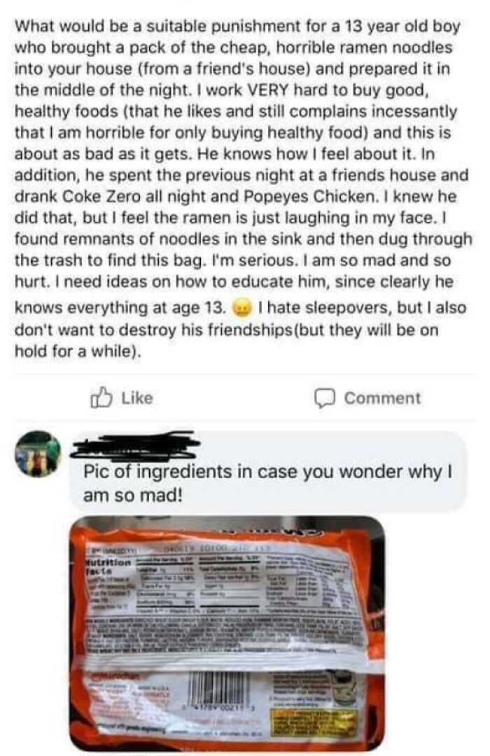 Text from a mother about her son sneaking ramen, expressing frustration over toxic family dynamics.