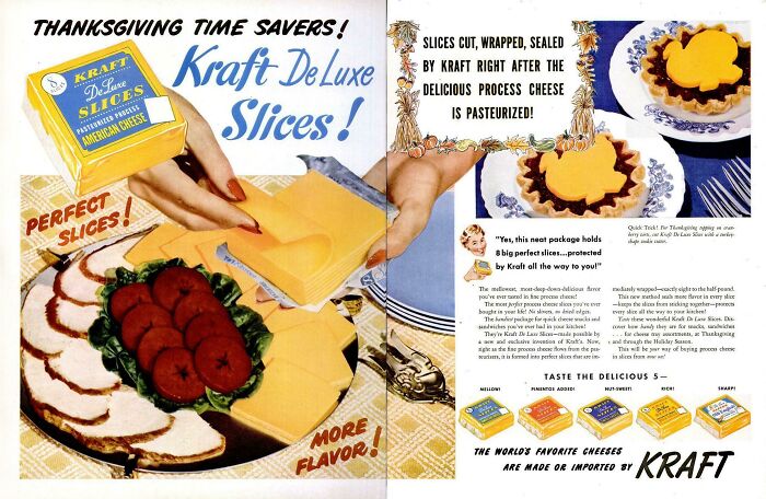 Vintage Thanksgiving ads featuring Kraft Deluxe Slices with cheese platter, perfect for holiday meals.