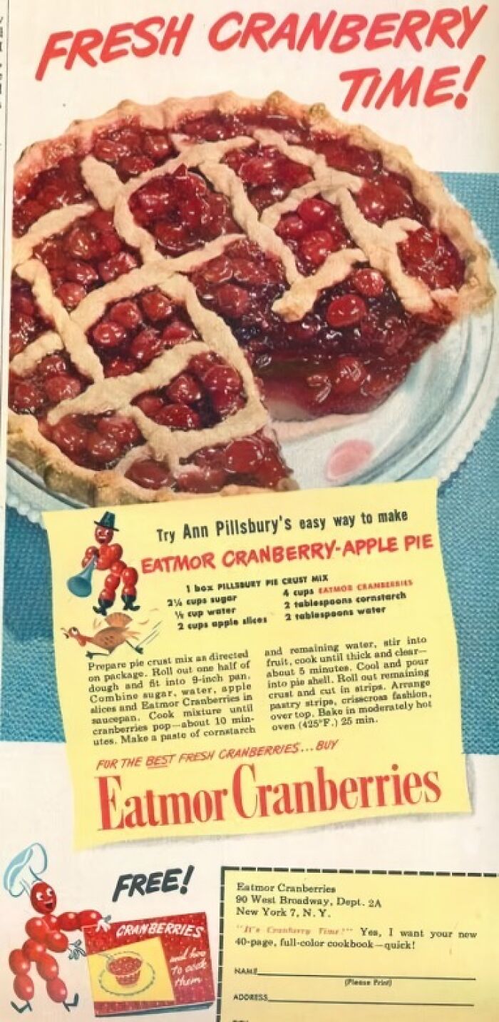 Vintage Thanksgiving ad featuring a cranberry pie with a lattice crust, showcasing Eatmor Cranberries and a recipe for cranberry-apple pie.