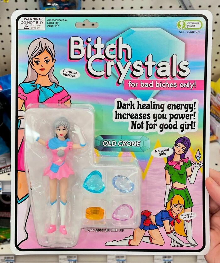 Packaging of a fake collectible toy called B***h Crystals with humorous warnings, part of sneaking fake products into stores.