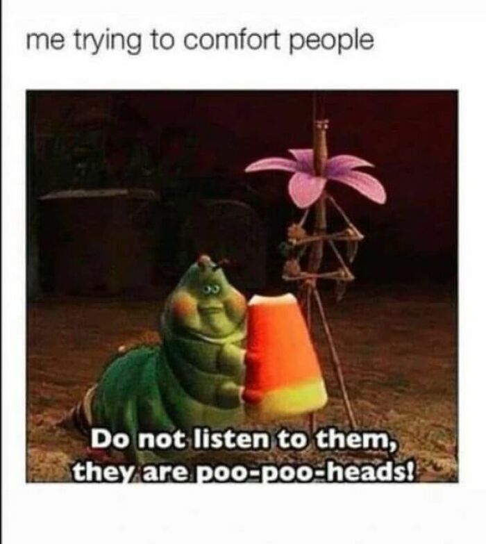 Animated caterpillar hugging a candy corn with text about comforting people in relatable memes for a laugh.