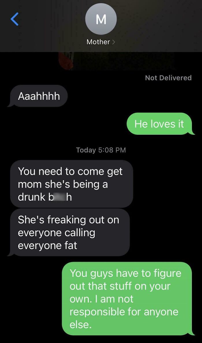 Text conversation illustrating toxic behavior from a mother, causing stress for her children.