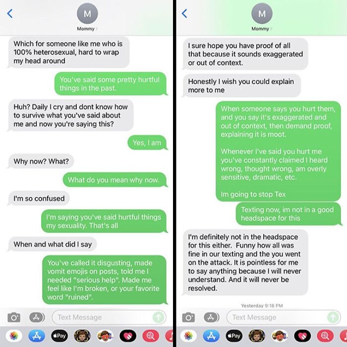 Text messages between a child and a toxic mother discussing hurtful comments about sexuality.