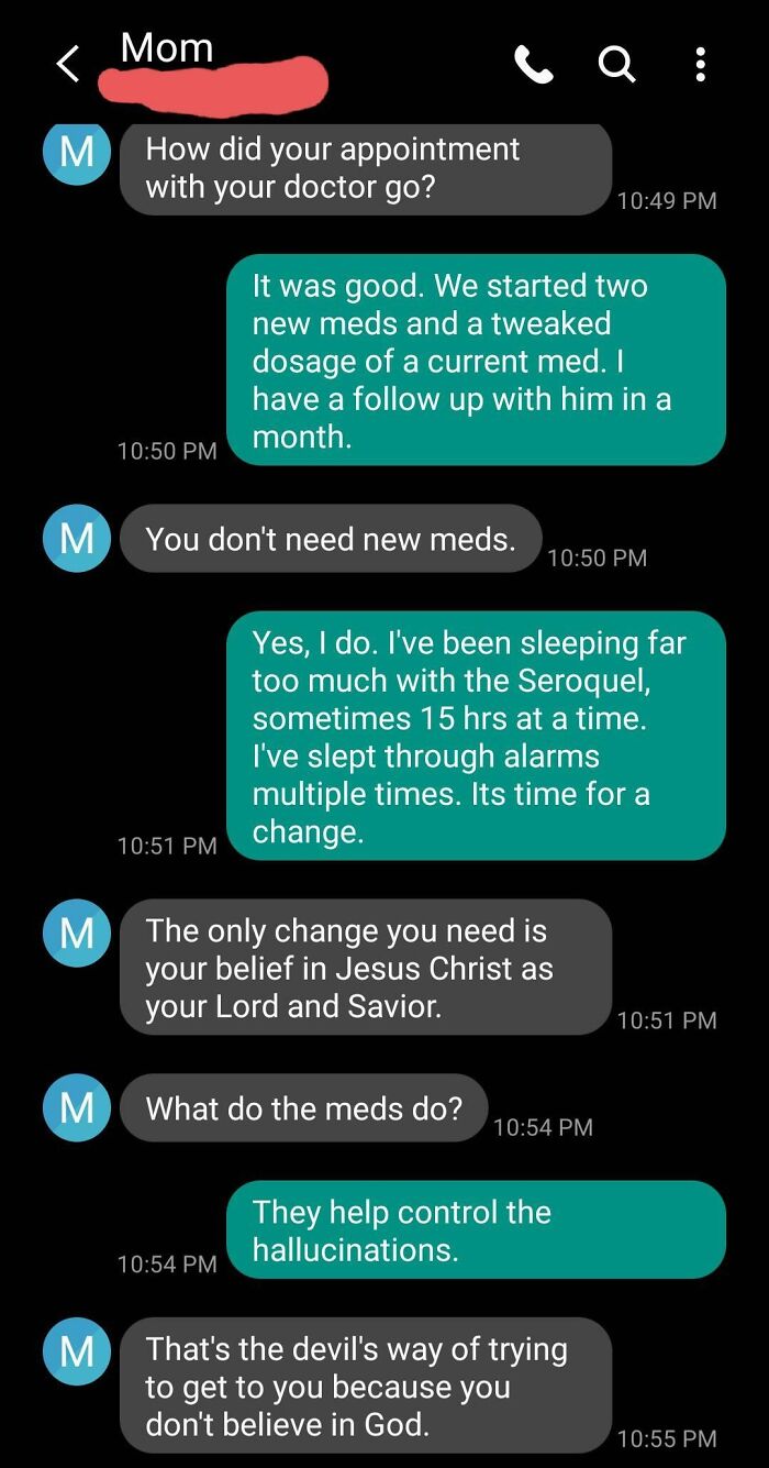 Text conversation showing a toxic mother dismissing child's need for medication.