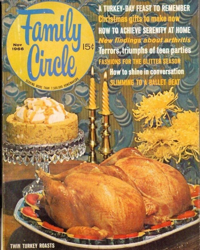 Vintage Thanksgiving magazine cover with roasted turkeys, cake, and candles, promoting holiday recipes and tips.