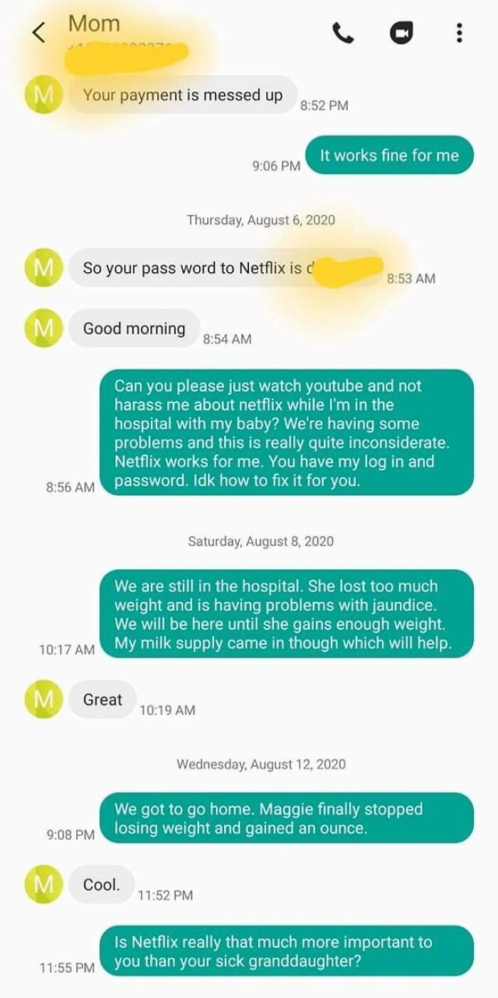 Text message exchange highlighting toxic mother behavior over Netflix issues.