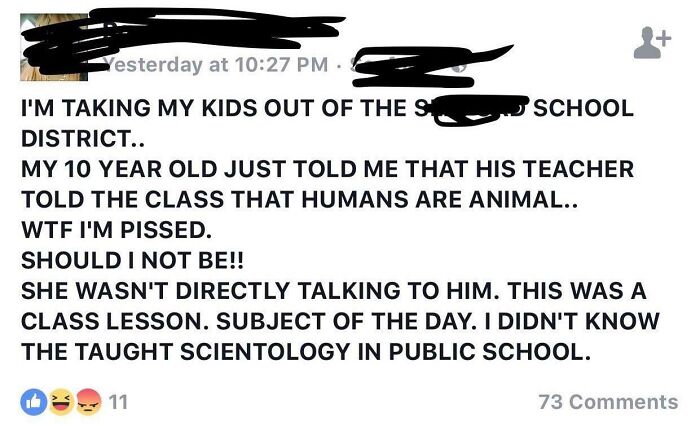 A frustrated parent's social media post about a school lesson, expressing disbelief and anger about the topic taught.