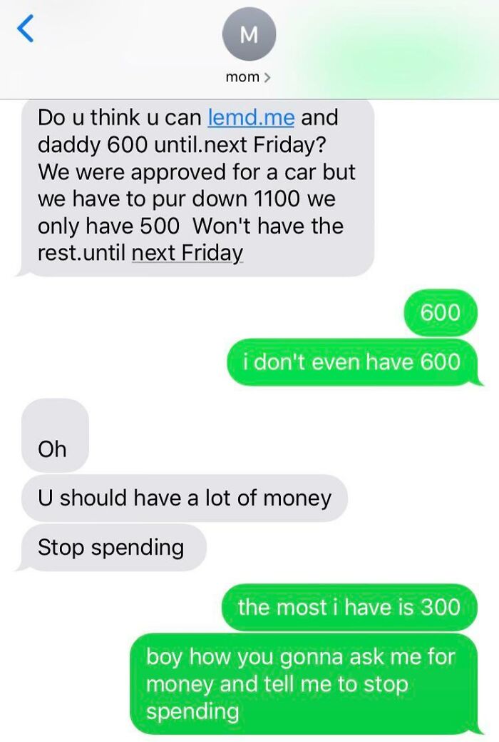 Text exchange highlighting toxic mother behavior, asking for money while advising child to stop spending.