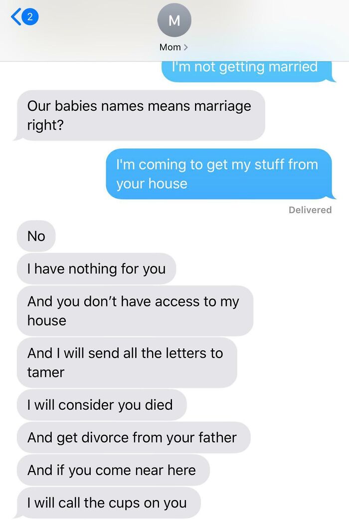 Text conversation showing a toxic mother disowning her child and threatening legal action.