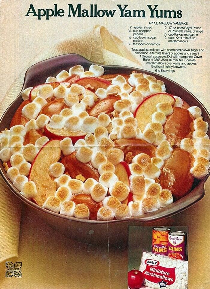 Vintage Thanksgiving ad featuring Apple Mallow Yam Yums with marshmallows in a casserole dish.