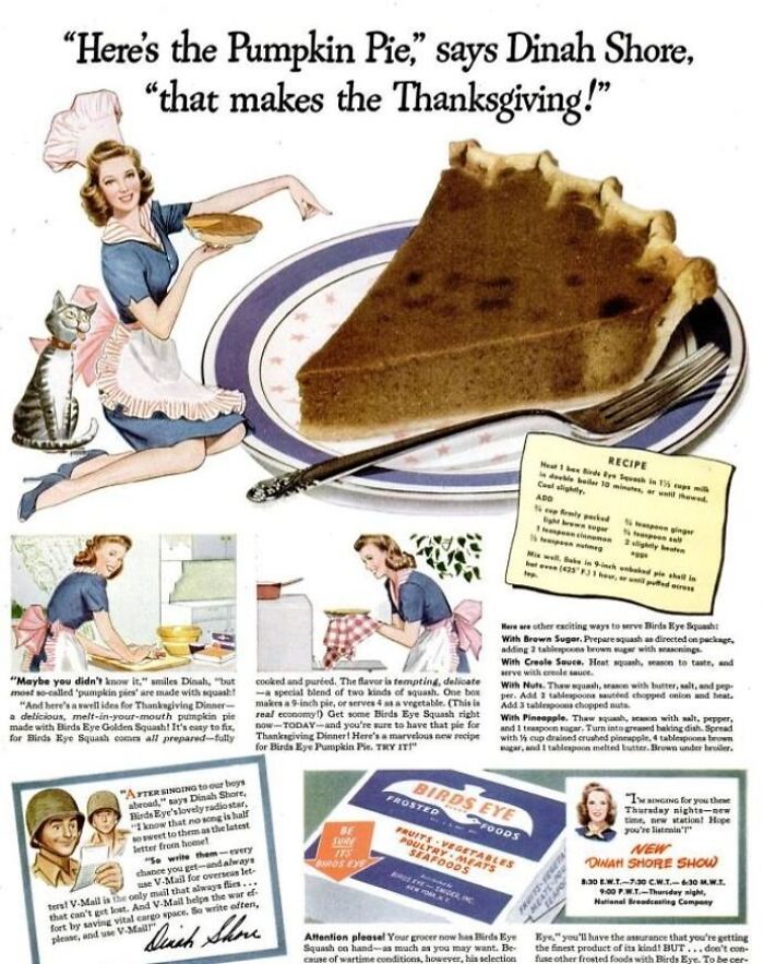 Vintage Thanksgiving ad featuring pumpkin pie, Dinah Shore, and Birds Eye branding, showcasing nostalgic holiday recipes.