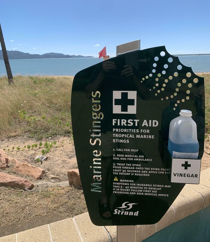 Sign warning about marine stingers with first aid instructions, near a beach with mountains in the background.