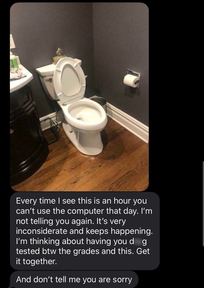 Toilet in a bathroom setting with a text message overlay highlighting toxic mother behavior.