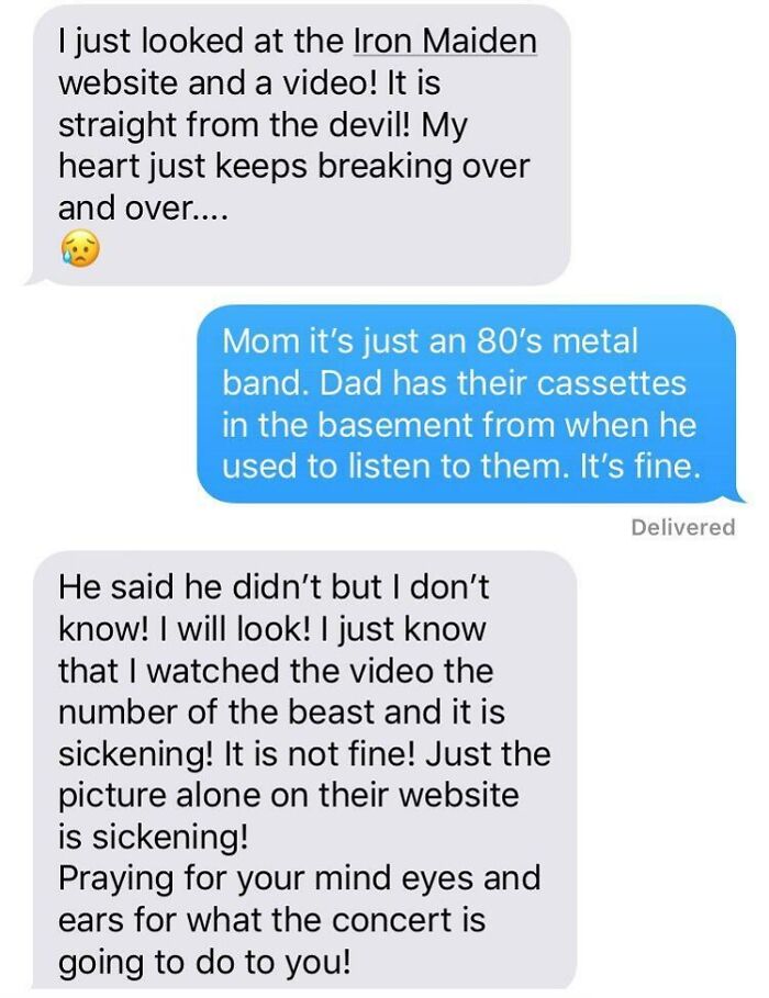 Text conversation about a mother criticizing Iron Maiden, reflecting toxic parenting dynamics.