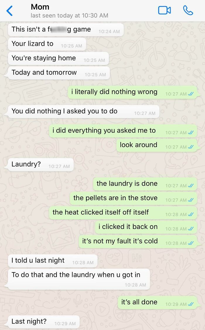 Text exchange showing a toxic conversation between mother and child about chores and staying home.