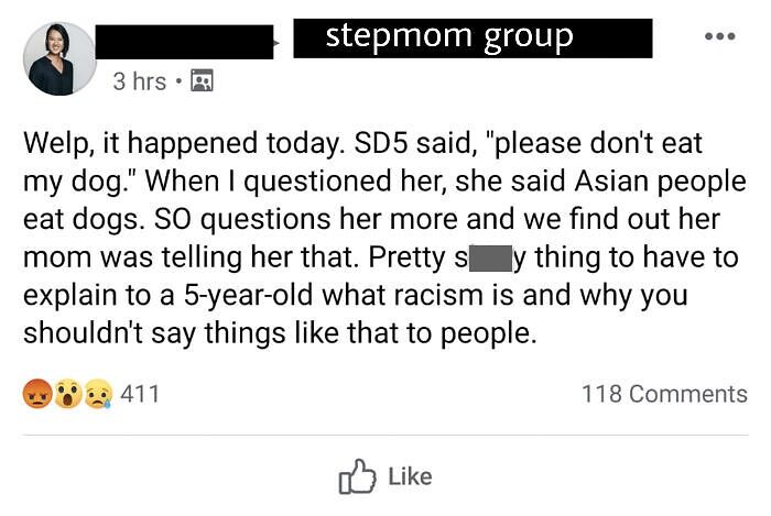 Stepmom group's post discussing issues with toxic mothers and addressing children's racist remarks.