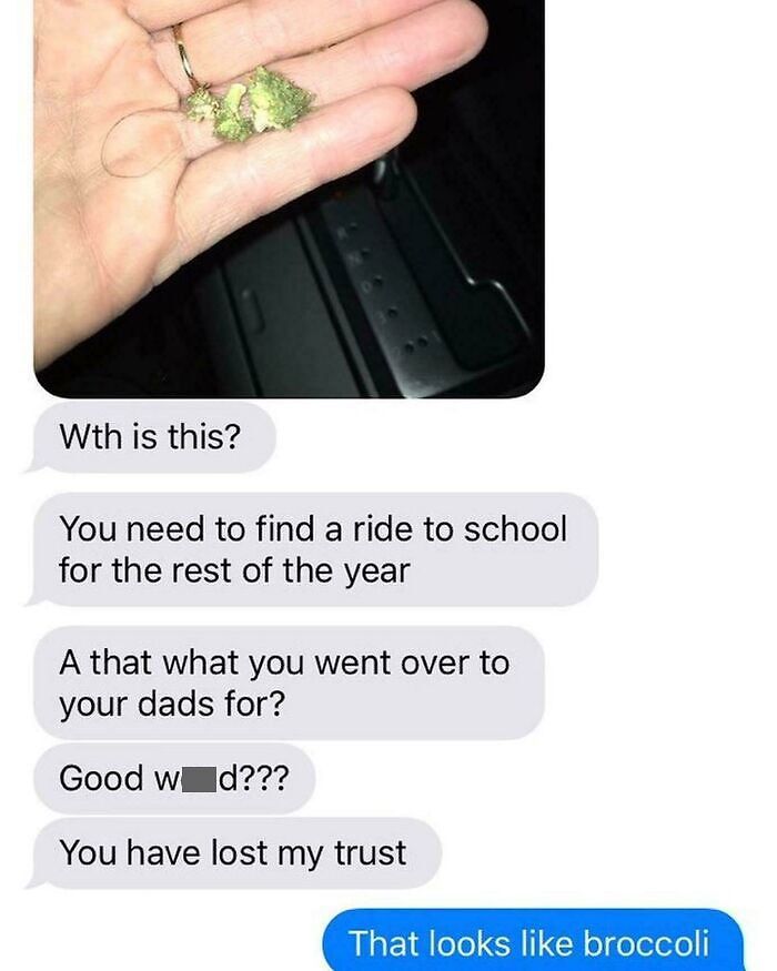 Text message about trust issues with mother over a misunderstanding, possibly involving a substance that resembles broccoli.