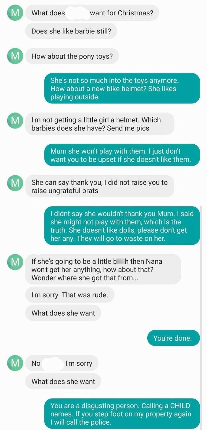 Text conversation highlighting toxic behavior from a mother in communication with her child.