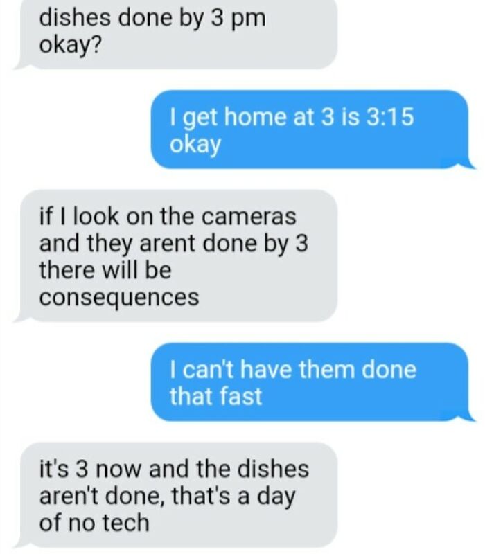 Text conversation showing a mother's toxic demands and setting consequences for unfinished chores.