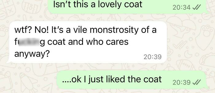 Text exchange showing a toxic mother's harsh critique of a coat.