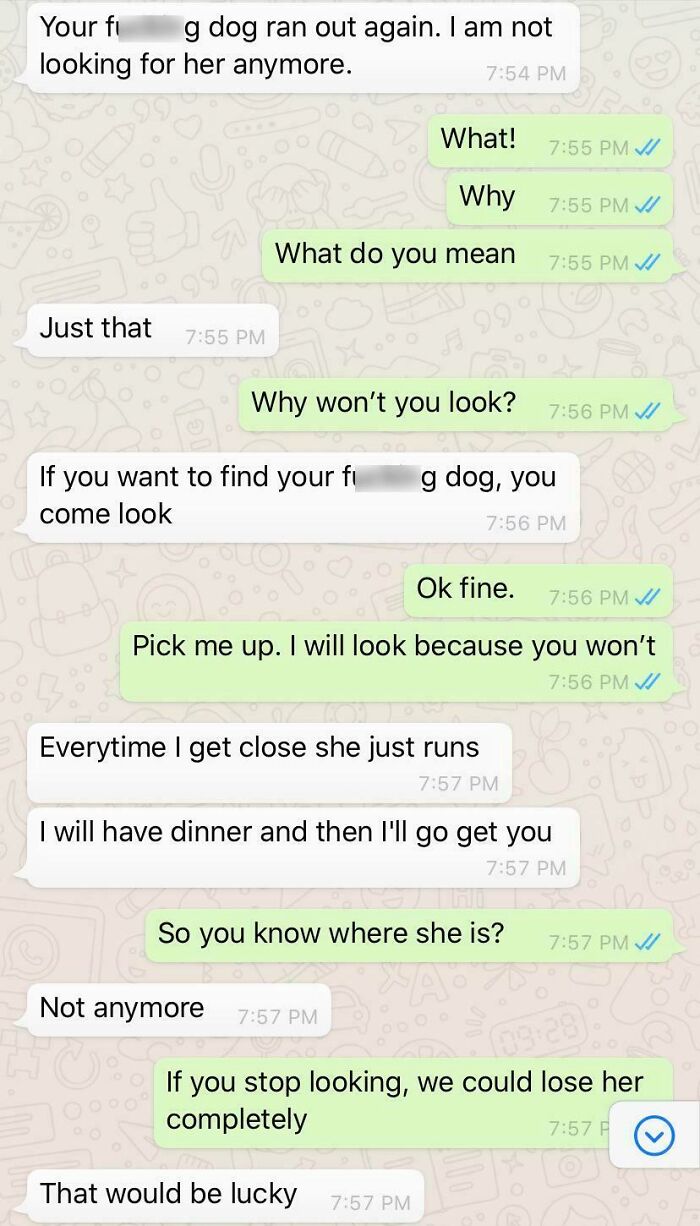 Text conversation revealing toxic mother-child relationship over lost dog.