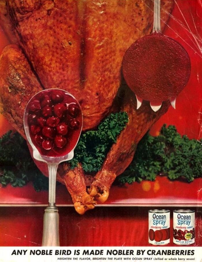 Vintage Thanksgiving ad with roasted turkey, cranberry jelly, and sauce, featuring Ocean Spray brand.