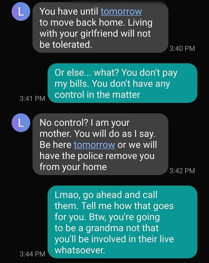 Text exchange illustrating toxic mother-child relationship dynamics over living arrangements.